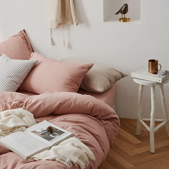 Top right view of the Baby Pink duvet cover from the VibeCore Aesthetic Solid Comfort Set, highlighting the soft fabric and gentle pastel hue for a calming and cozy bedroom or dorm aesthetic.