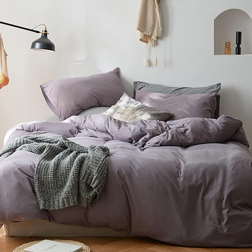 VibeCore Aesthetic Solid Comfort Duvet Cover Set Purple Gray aerial view, highlighting the rich purple-gray tones of the duvet cover and the clean, modern design, perfect for adding a serene touch to your bedroom or dorm decor.