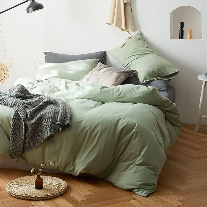 Aerial view of the VibeCore Aesthetic Solid Comfort Duvet Cover Set in Sage, highlighting its sleek, minimalist design and rich color that transforms your bedroom into a cozy retreat.