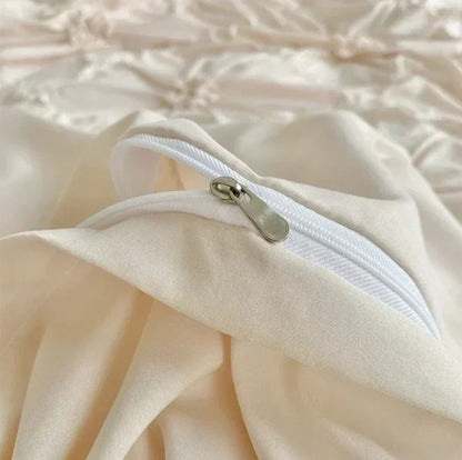 Close-up of the zipper on the VibeCore Aesthetic Tufted Floral Pattern Duvet Cover Set in beige, showcasing the durable and seamless zipper design for easy removal and cleaning while maintaining the elegant tufted floral texture.