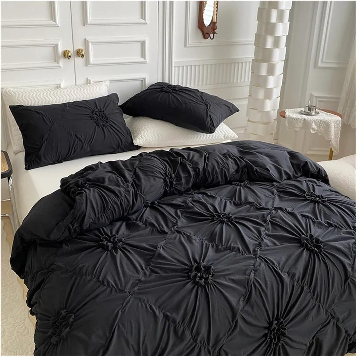 Close-up aerial view of the VibeCore Aesthetic Tufted Floral Pattern Duvet Cover Set in black, highlighting the soft, textured floral pattern that creates a cozy and stylish atmosphere, perfect for adding a modern, aesthetic touch to your bedroom or dorm decor.