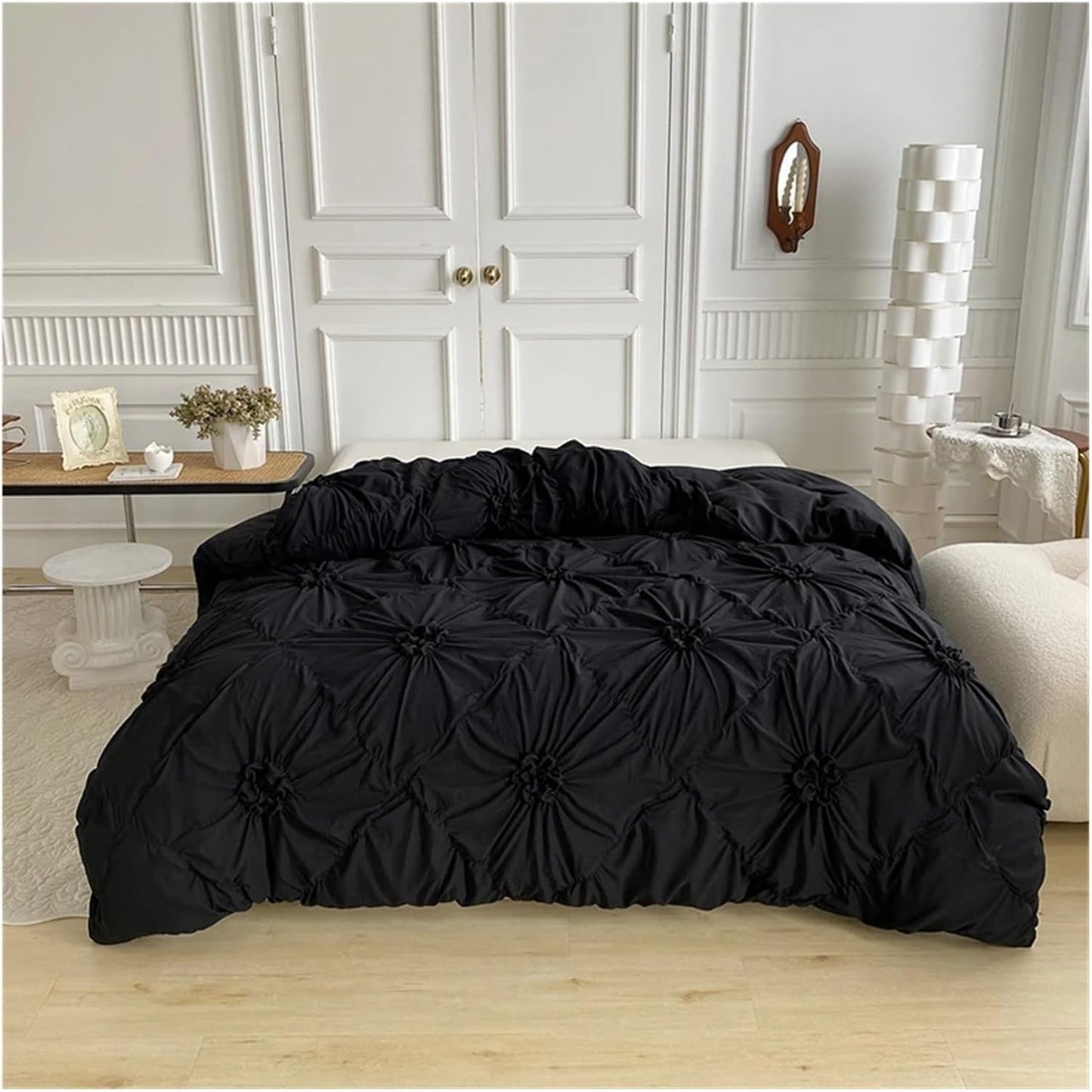 Front aerial view of the VibeCore Aesthetic Tufted Floral Pattern Duvet Cover Set in black, featuring soft, textured blooms and a modern design that brings a cozy yet stylish vibe to your bedroom or dorm, perfectly showcasing its plush tufted details.