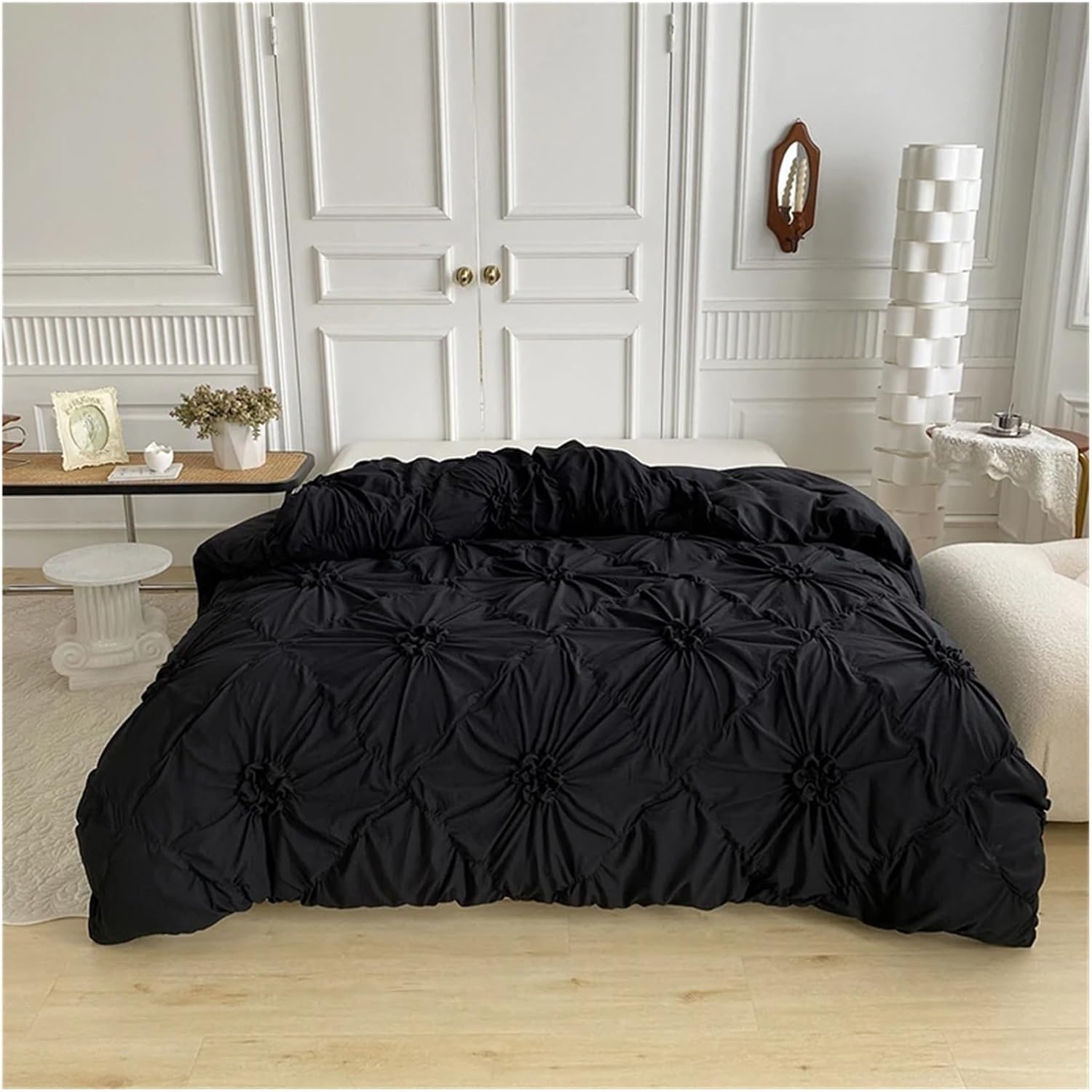 Front aerial view of the VibeCore Aesthetic Tufted Floral Pattern Duvet Cover Set in black, featuring soft, textured blooms and a modern design that brings a cozy yet stylish vibe to your bedroom or dorm, perfectly showcasing its plush tufted details.
