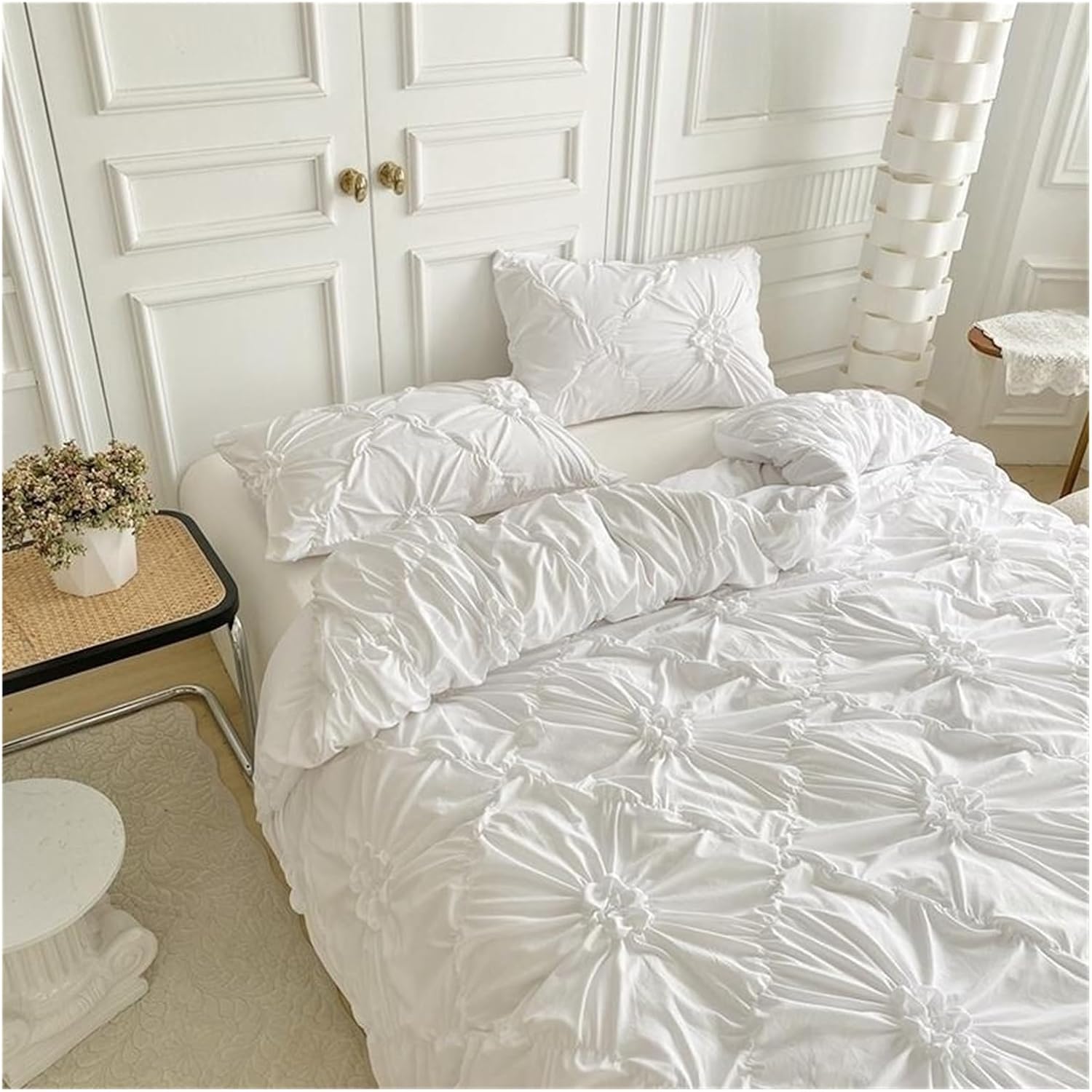 Close-up aerial view of the VibeCore Aesthetic Tufted Floral Pattern Duvet Cover Set in white, highlighting the soft, textured floral pattern that creates a cozy and stylish atmosphere, perfect for adding a modern, aesthetic touch to your bedroom or dorm decor.