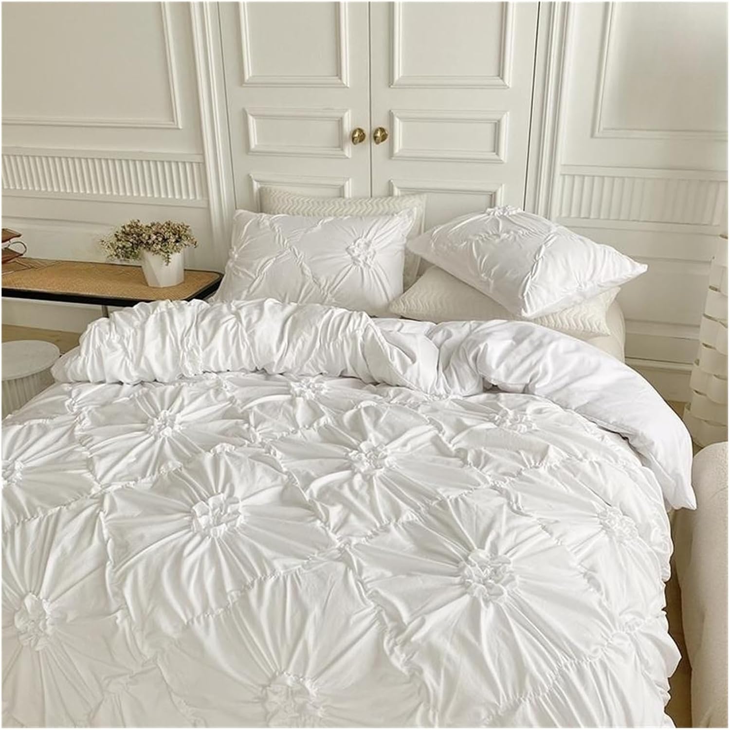 Front aerial view of the VibeCore Aesthetic Tufted Floral Pattern Duvet Cover Set in white, featuring soft, textured blooms and a modern design that brings a cozy yet stylish vibe to your bedroom or dorm, perfectly showcasing its plush tufted details.