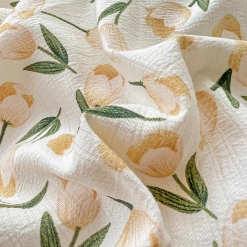 Close-up of the pattern on the VibeCore Aesthetic Tulip Meadow Duvet Cover Set, showcasing delicate tulips in vibrant pastel shades. Crafted from soft, breathable fabric, this floral design brings a fresh and cozy aesthetic to any bedroom or dorm.