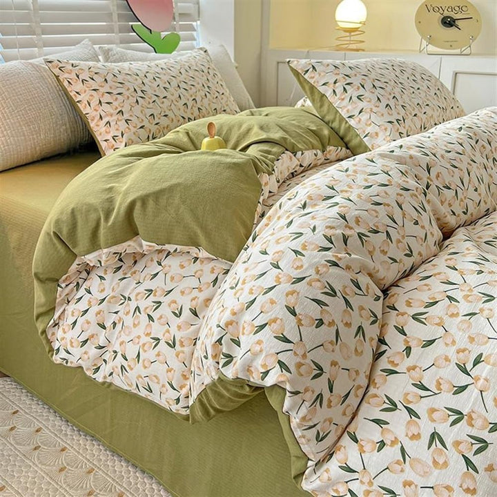 Side view of the VibeCore Aesthetic Tulip Meadow Duvet Cover Set, featuring a charming tulip design in vibrant, pastel hues. Made from soft, breathable fabric, this duvet cover set adds a fresh, cozy, and floral vibe to any bedroom or dorm.