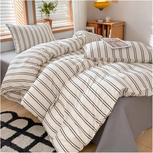 Aerial side view of the 'Urban Stripe Bedding Set,' featuring a sleek black and white stripe pattern on a soft cotton-polyester blend fabric. The modern, minimalist design adds a chic, comfortable touch to any bedroom, perfect for creating a cozy and modern atmosphere.
