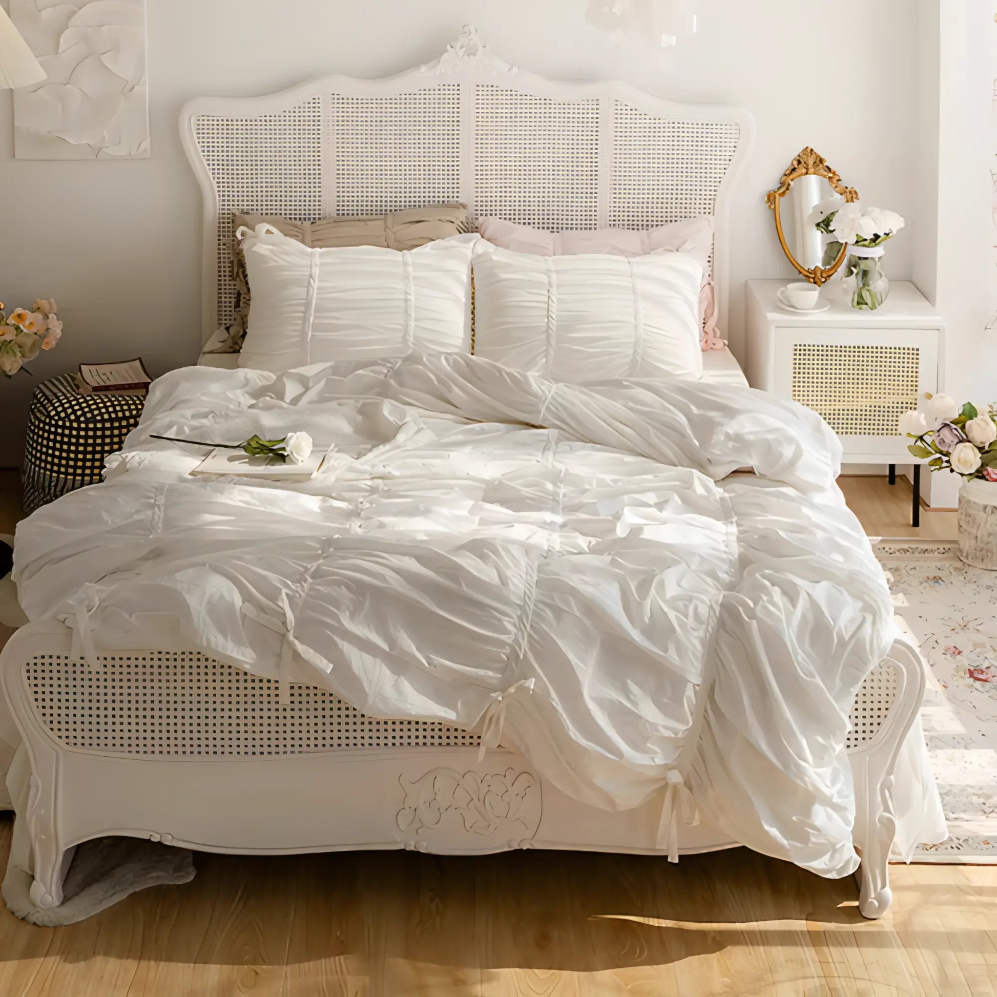 Aerial view of the VibeCore White Timeless Elegance Ruched Bedding Set, featuring elegant pleated details and a soft, luxurious fabric, creating a refined and sophisticated look for your bedroom or dorm.