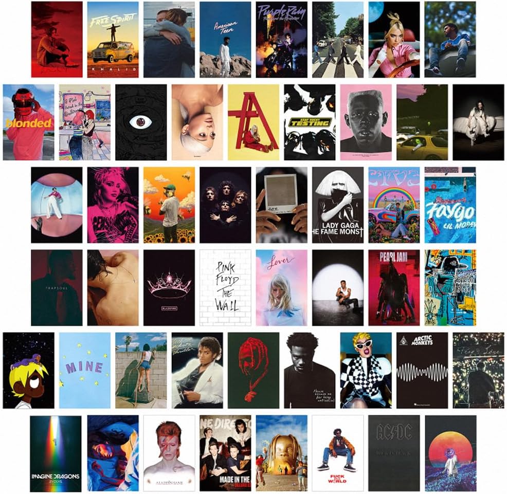 VibeCore Album Cover Poster Wall Collage Kit displayed above bed, creating an aesthetic and trendy bedroom decor with music-inspired art prints.