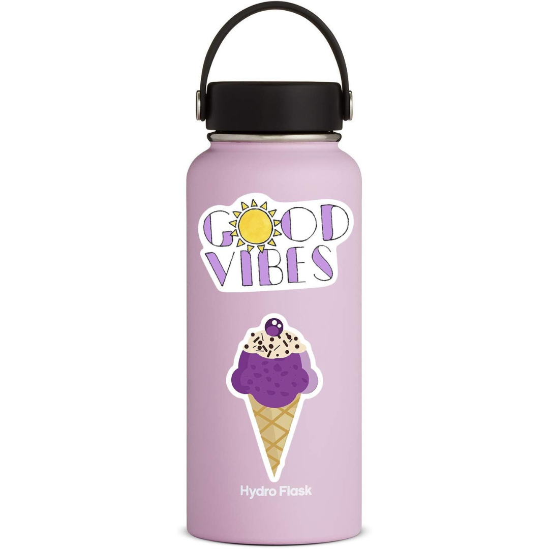 VibeCore All Things Purple Stickers on a water bottle, showcasing vibrant purple aesthetic designs, purple water bottle stickers, trendy purple decals, and unique purple stickers.