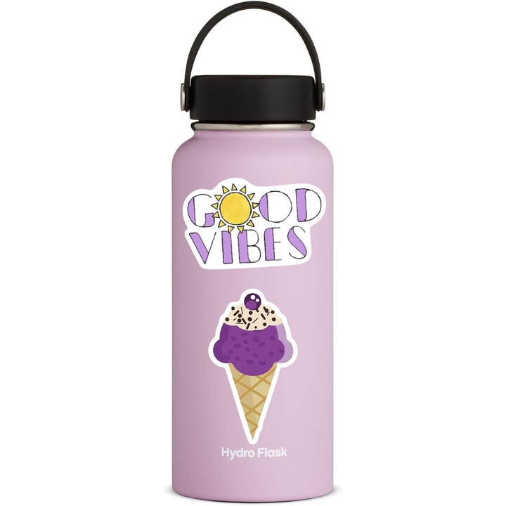 VibeCore All Things Purple Stickers on a water bottle, showcasing vibrant purple aesthetic designs, purple water bottle stickers, trendy purple decals, and unique purple stickers.