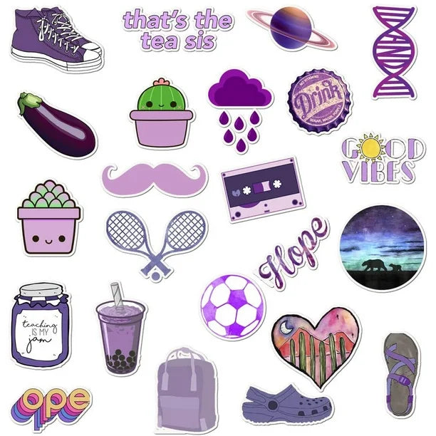 VibeCore All Things Purple Unique Stickers featuring vibrant purple aesthetic designs, purple laptop stickers, trendy purple decals, and purple water bottle stickers.