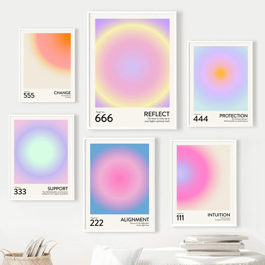 Angel Numbers’ canvas poster collage featuring pastel gradients and angel numbers like 111, 222, and 444, bringing spiritual and calming vibes to any bedroom, dorm, or apartment.