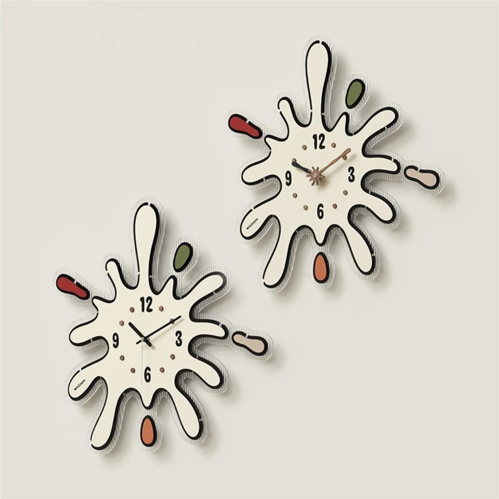 VibeCore Artistic Splat Wall Clock Options B and C, showcasing their bold, colorful splat designs that bring a dynamic, artistic flair to any room.
