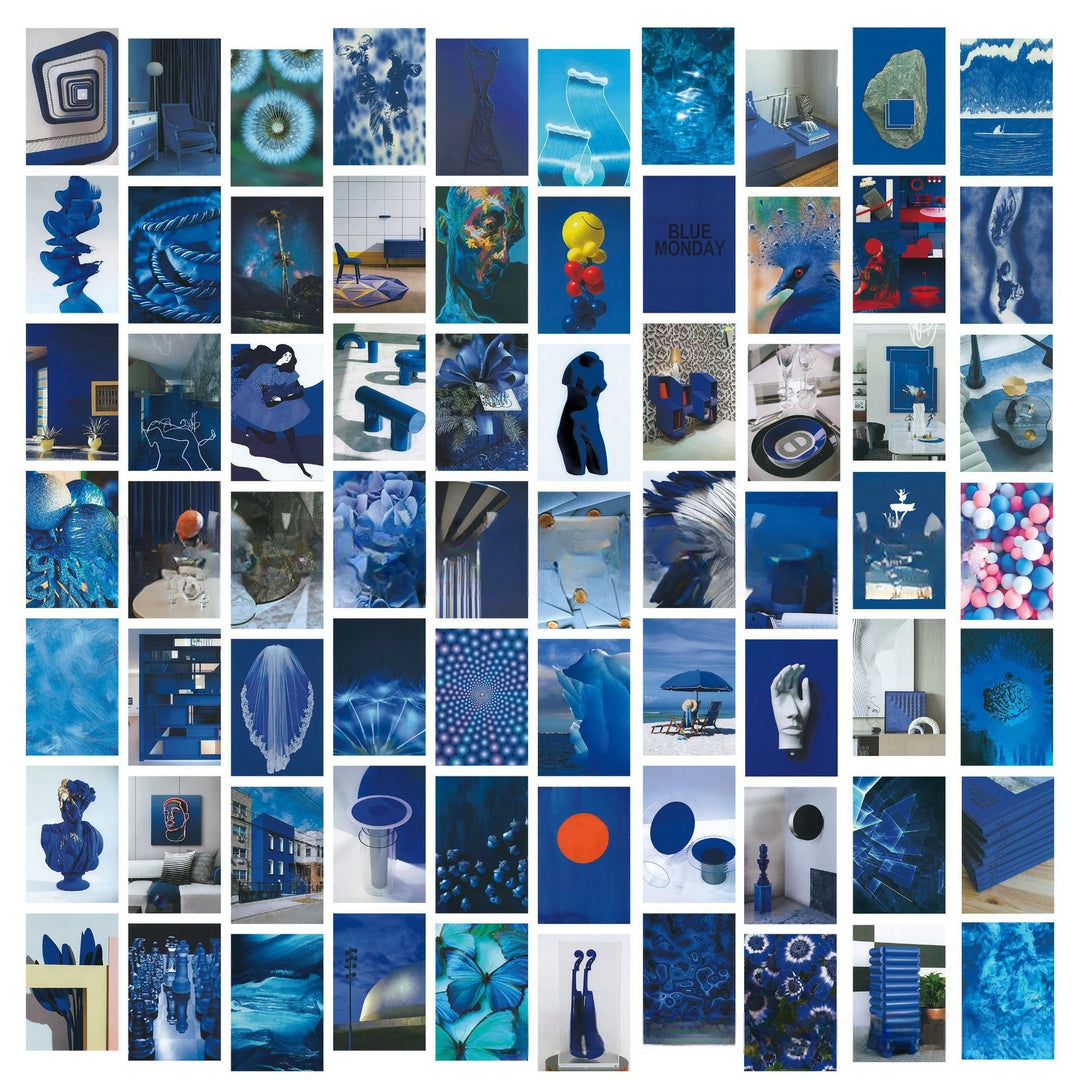 VibeCore Artsy Deep Blue Wall Collage Kit featuring 70 stunning prints in deep blue tones and sophisticated photography. Perfect for creating a creative, serene ambiance in your room.