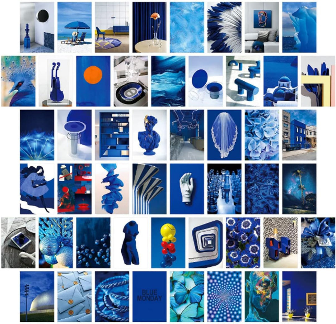 VibeCore Artsy Deep Blue Wall Collage Kit featuring half of the 70 stunning prints in deep blue tones and sophisticated photography. Perfect for adding a creative and serene vibe to your space.