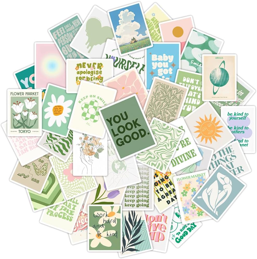 VibeCore Artsy Green Stickers Circular Cluster featuring boho, pastel green, and nature-inspired designs. Perfect for personalizing water bottles, laptops, and phone cases.