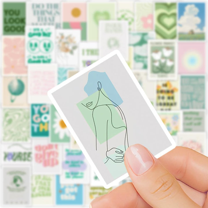 VibeCore Artsy Green Stickers close-up of an abstract woman sticker with pastel green and artistic design. Ideal for personalizing laptops, phone cases, and notebooks.