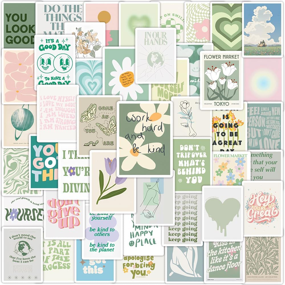 VibeCore Artsy Green Stickers square cluster featuring a variety of green, boho, and nature-inspired aesthetic designs. Perfect for customizing your laptop, water bottle, and phone.
