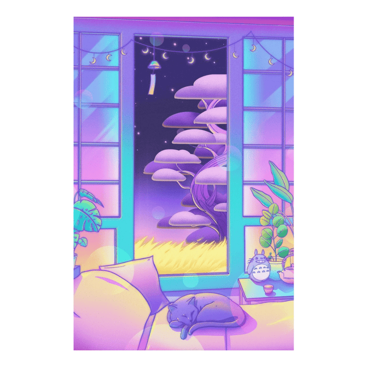 VibeCore Asian Vaporwave Canvas Prints Option B: View Of Tree at Night Time From House Sliding Door