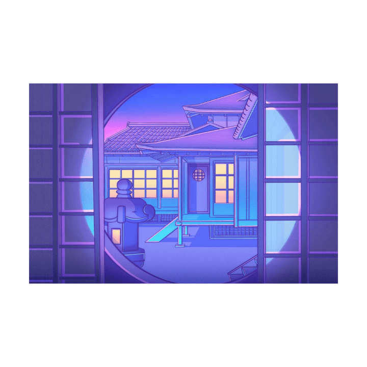 VibeCore Asian Vaporwave Canvas Prints Option J: View of House outside open sliding door