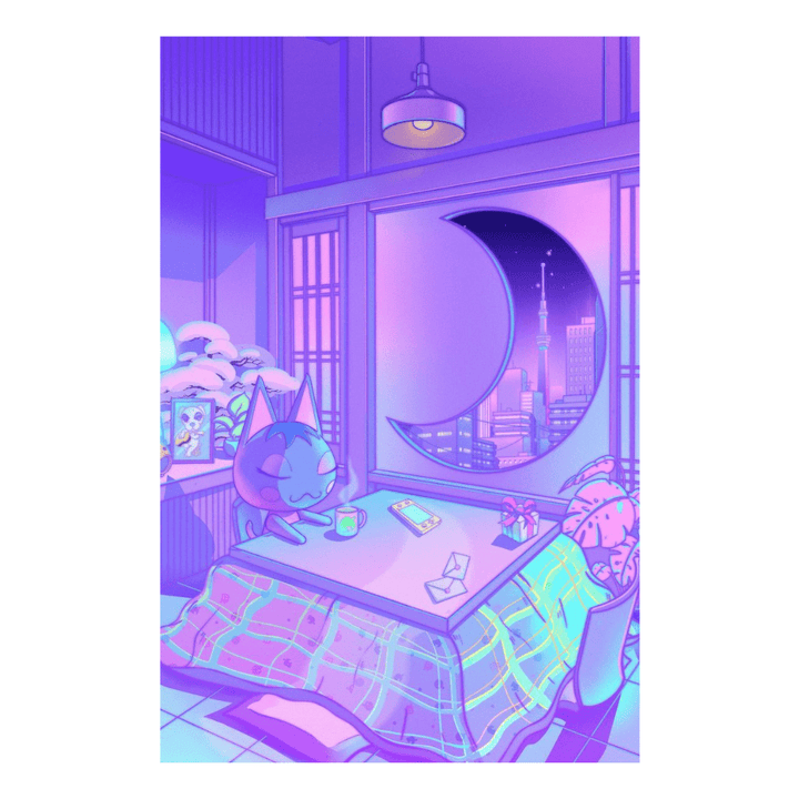 VibeCore Asian Vaporwave Canvas Prints Option M: Cat sitting at dining table in apartment with crescent moon window