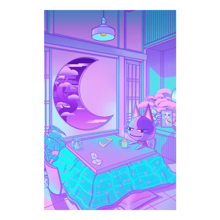 VibeCore Asian Vaporwave Canvas Prints Option O: Cat sitting at dining room table with hot beverage at nighttime in apartment with crescent moon window