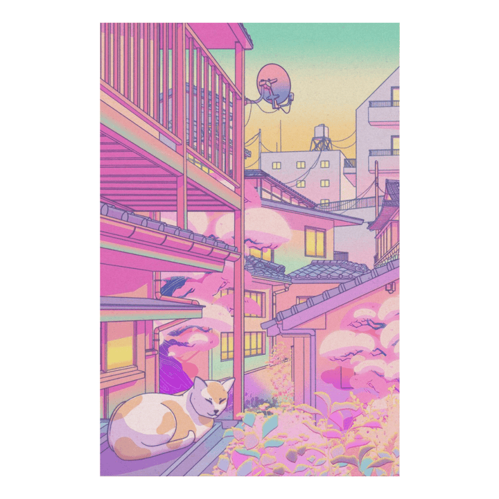 VibeCore Asian Vaporwave Canvas Prints Option P: Cat resting on apartment balcony during the morning with view of the city