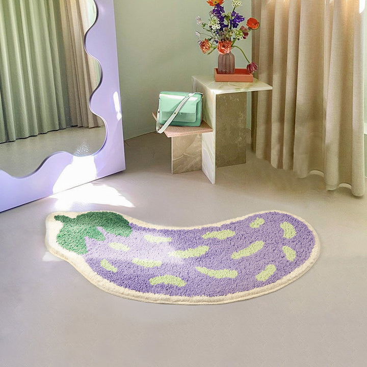 VibeCore Aubergine Accent Rug in front of a mirror, highlighting its bold purple design, soft plush texture, and playful aesthetic for a stylish room accent.