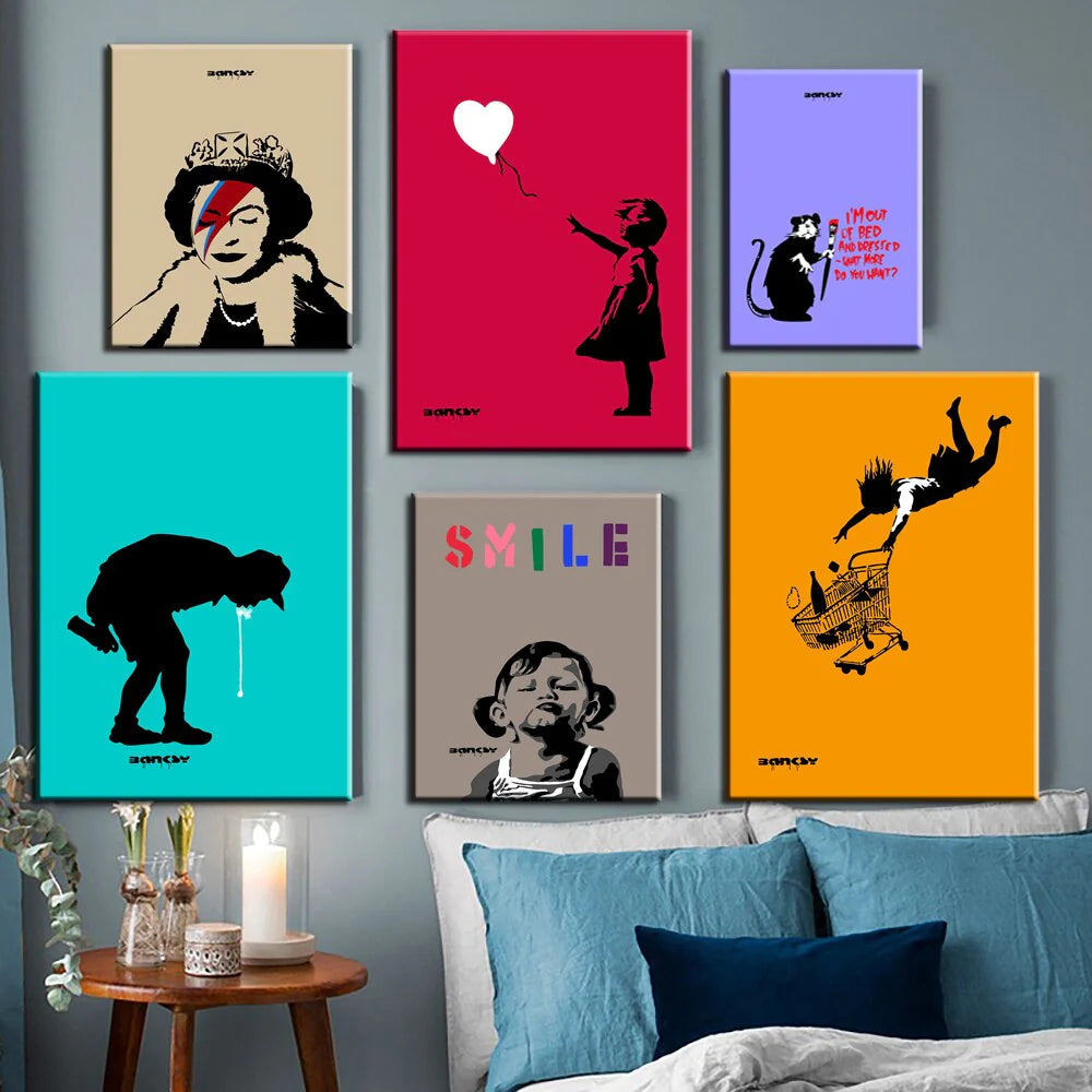 VibeCore Banksy Canvas Prints On Wall in Living Room Above Couch