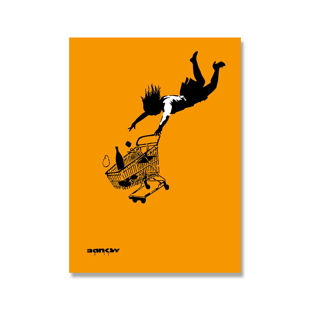 VibeCore Banksy Canvas Prints Option D - Orange girl falling with shopping cart