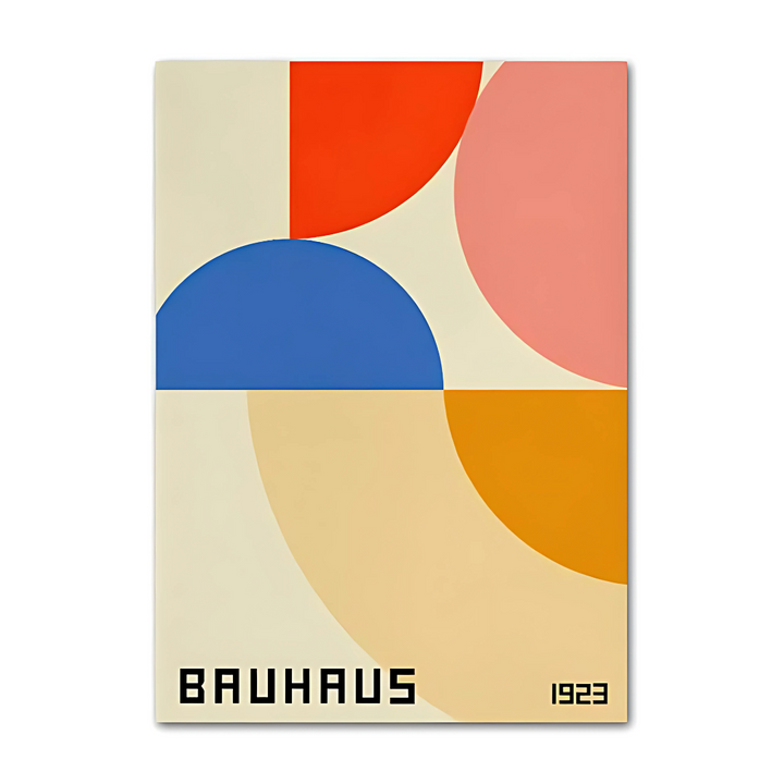 VibeCore Bauhaus Abstract Canvas Poster titled 'Bauhaus 1923,' featuring minimalist geometric designs inspired by the iconic Bauhaus movement. This modern wall art captures the clean lines and vibrant simplicity of Bauhaus, perfect for adding a touch of architectural sophistication to your bedroom, dorm, or apartment. Printed on premium cotton canvas with a semigloss finish for lasting vibrancy.
