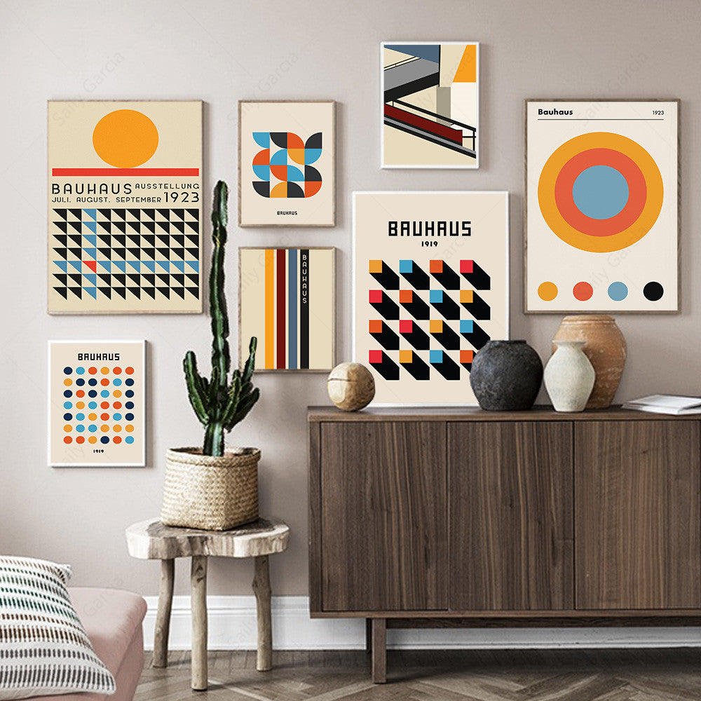 VibeCore Bauhaus geometric canvas prints in living room, modern minimalist art for contemporary living room decor, apartment, or aesthetic home styling.