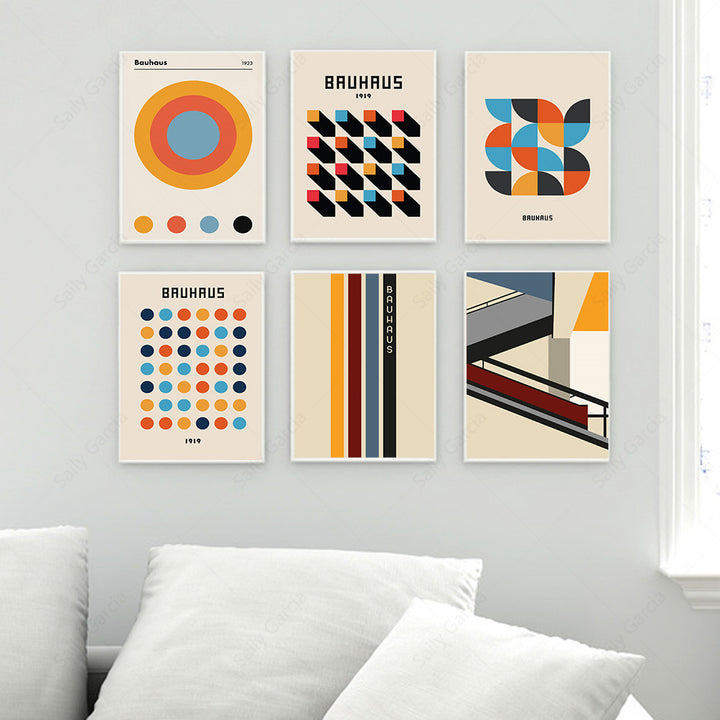 VibeCore Bauhaus geometric canvas prints on living room wall, modern minimalist wall art for apartment, aesthetic living room decor, and contemporary interior style.