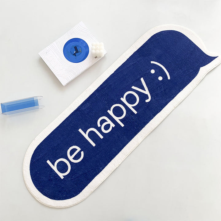 VibeCore Be Happy iMessage Accent Rug featuring a playful blue design inspired by iMessage. The soft, fluffy texture and anti-slip backing offer comfort and safety. Ideal for adding a modern, positive touch to living rooms, bedrooms, or dorms.