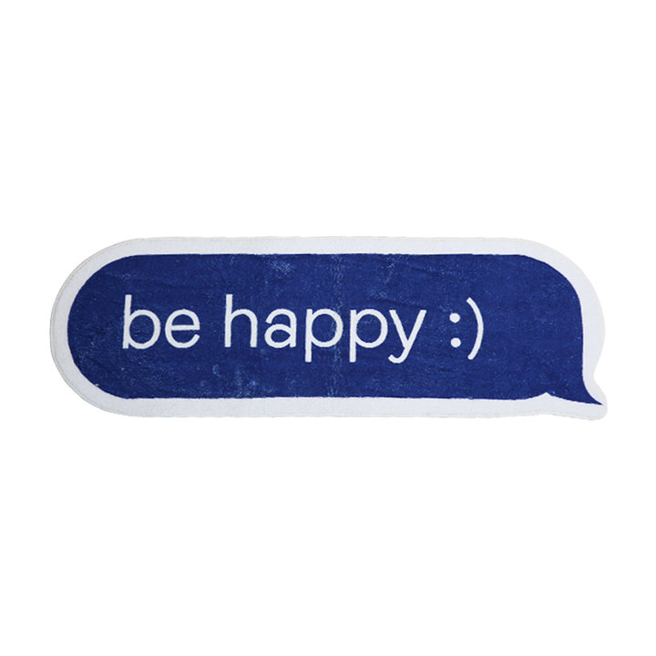 VibeCore Be Happy iMessage Accent Rug in full product view, showcasing its playful blue design with the iconic "Be Happy" text. The plush texture is visible, and the non-slip backing ensures stability. This modern and vibrant accent rug is perfect for adding a cheerful touch to any space.