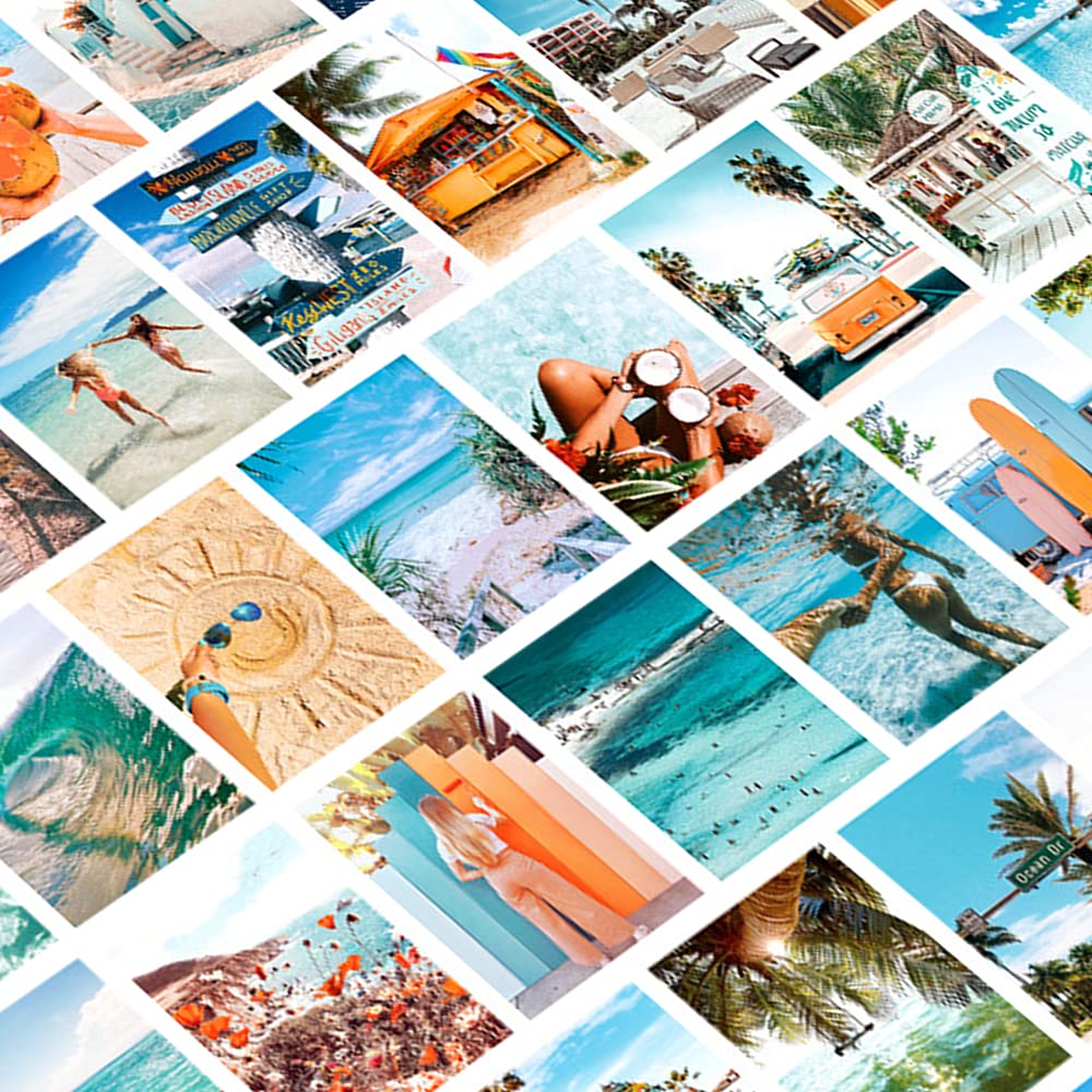 VibeCore Beach Bum Wall Collage Kit featuring 70 vibrant beach prints, ocean-inspired photography, and laid-back coastal vibes. Ideal for creating a beachy aesthetic in your room, dorm, or bedroom with high-quality matte paper and a customizable collage design. Perfect for adding a fun, serene, and summery touch to your space.