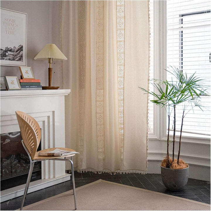 VibeCore Beige Crochet Curtain, boho chic design with delicate crochet lace and milky white stitching, light-filtering and semi-blackout, crafted from durable polyester cotton for a cozy and airy vibe.
