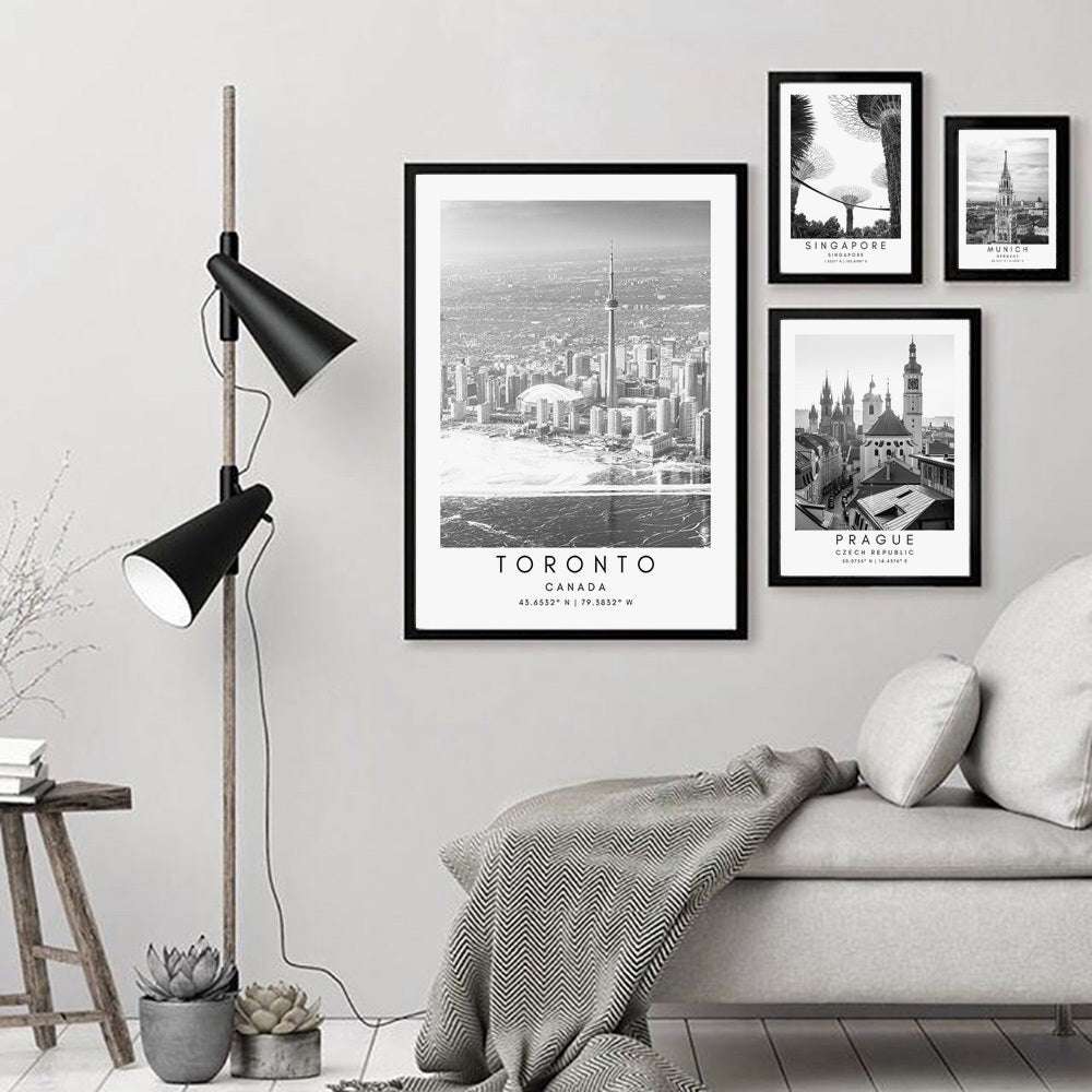VibeCore Black And White Cities Canvas Prints Framed In Living Room