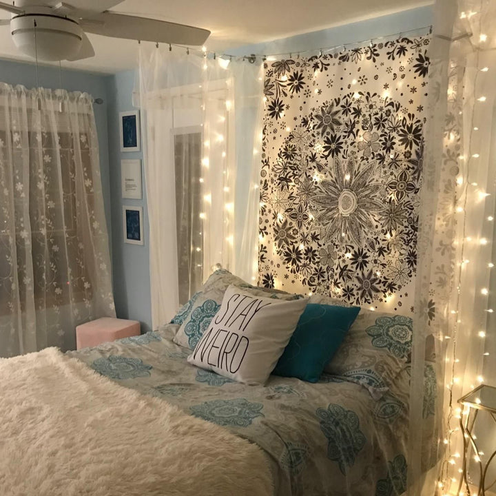 VibeCore Black And White Floral Tapestry On Bedroom Wall