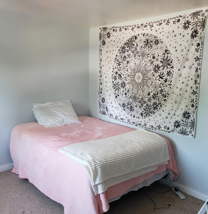 VibeCore Black And White Floral Tapestry On Bedroom Wall Beside Bed