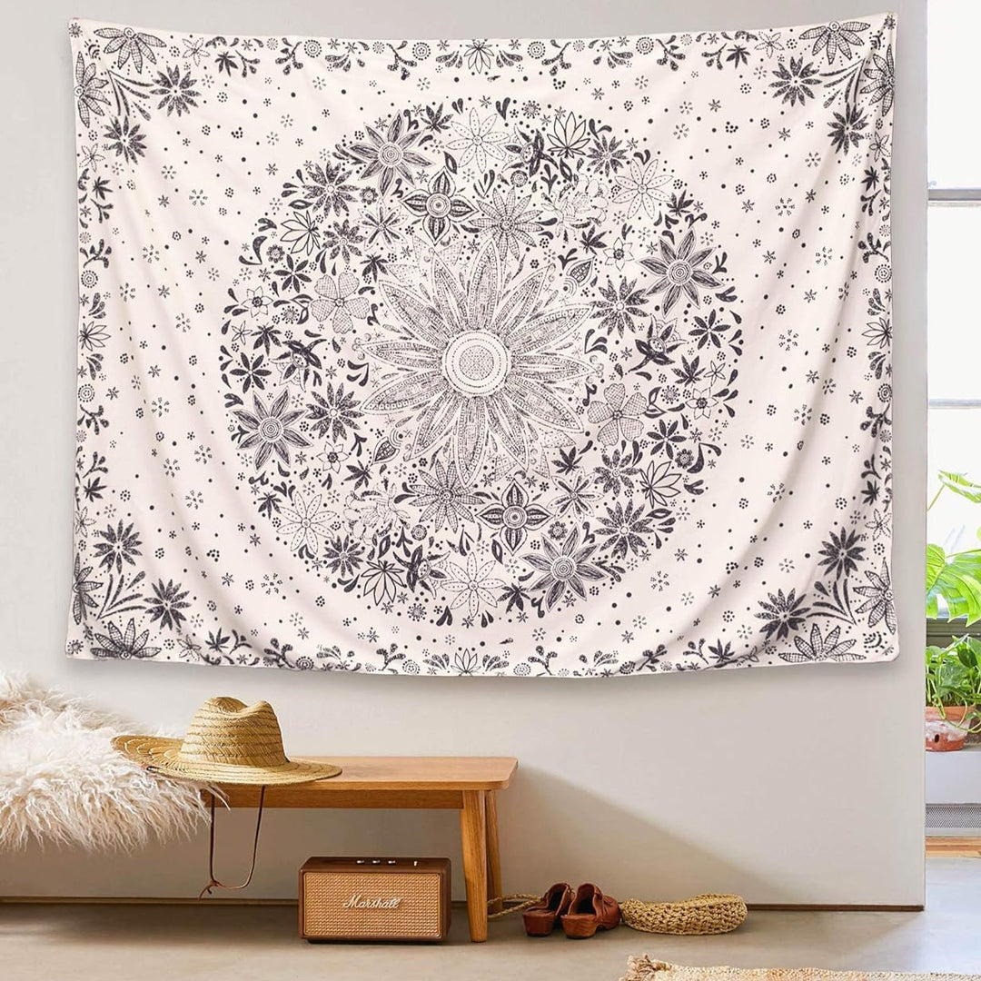 VibeCore Black And White Floral Tapestry On Wall
