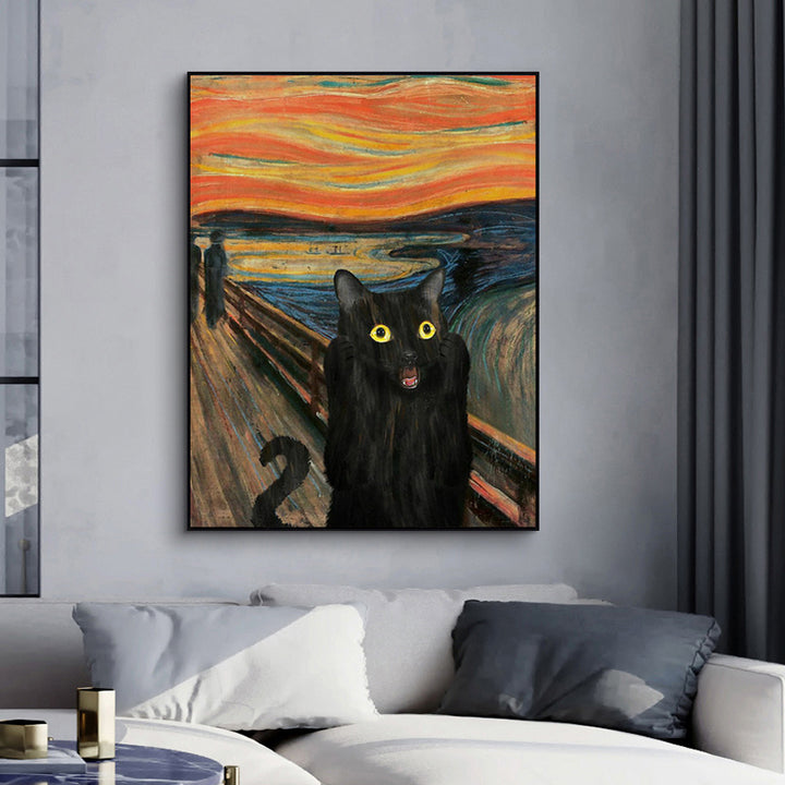 VibeCore Black Cat Portrait Canvas Print On Wall Above Couch