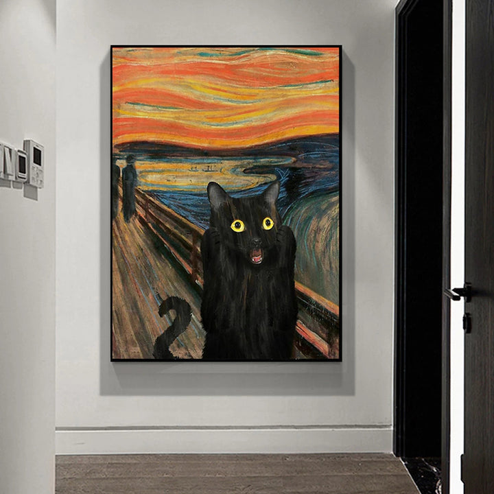 VibeCore Black Cat Portrait Canvas Print On Wall In Hallway