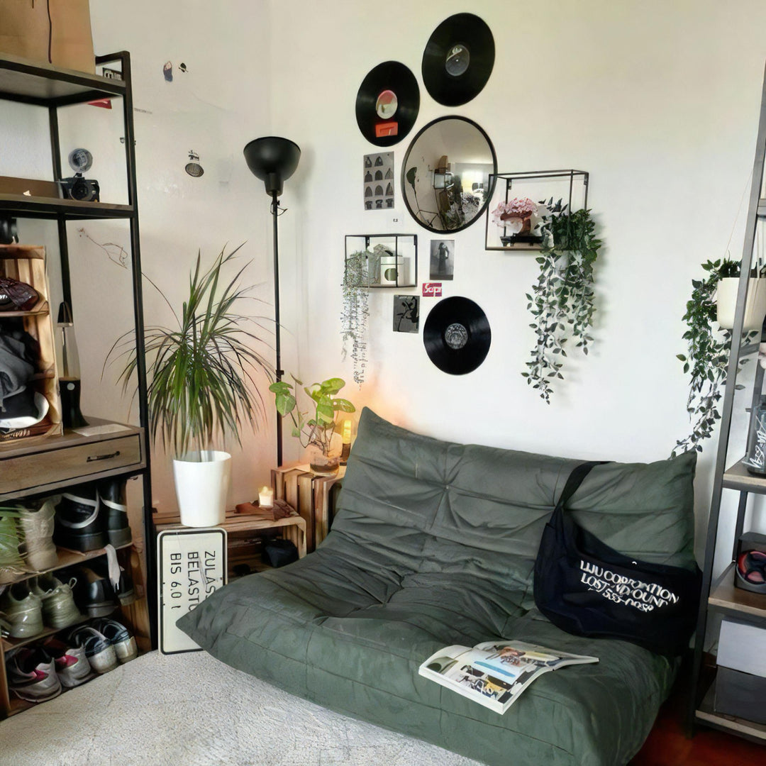 VibeCore Black Convex Traffic Mirror in living room, featuring a bold black frame and wide-angle lens. This grunge-inspired convex mirror adds a unique fish-eye effect, enhancing visibility and creating an urban, retro vibe. Perfect for modern decor, it offers both style and function, making a statement with its sleek, industrial flair in any living space.