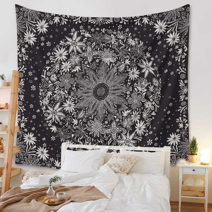 VibeCore Black Floral Tapestry Behind Wall