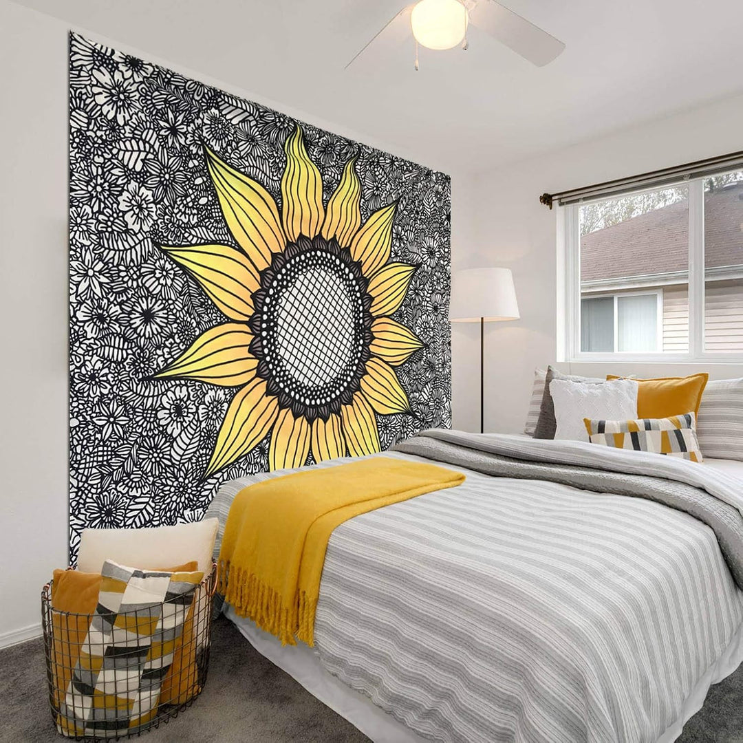 VibeCore Black Sunflower Tapestry On Wall Beside Bed