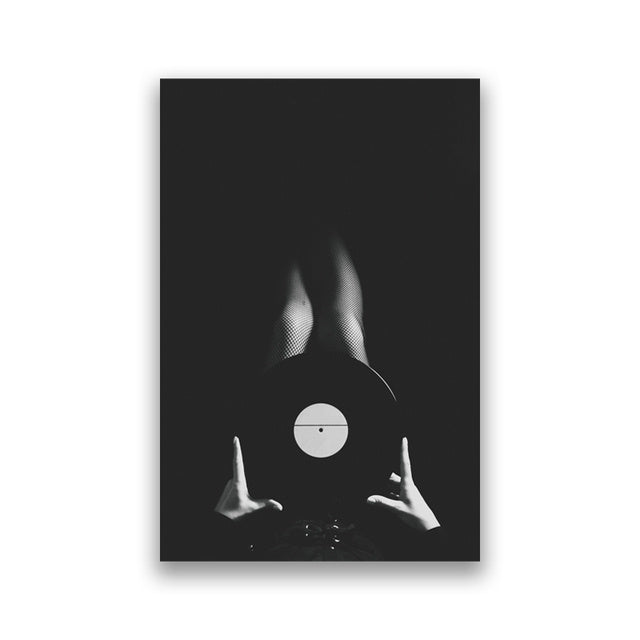 VibeCore Black & White Vinyl Canvas Prints Option B: Girl in tights holding vinyl record