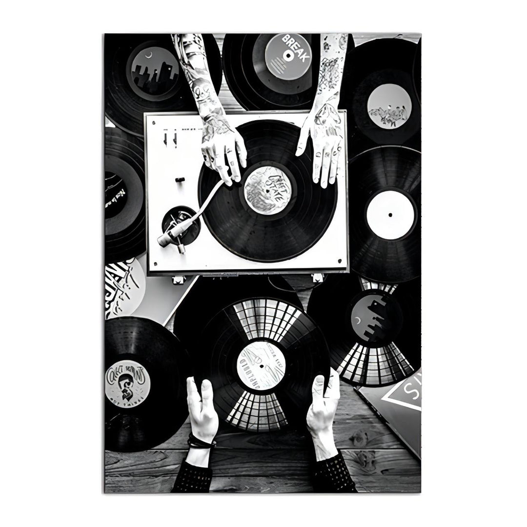 VibeCore Black & White Vinyl Canvas Prints Option D: Tattoed hands on record player and another 2 hands holding vinyl with vinyls displayed underneath